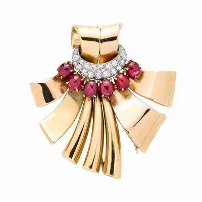 Clip Ventaglio in Oro Giallo, Oro Rosa, Diamanti e Rubini