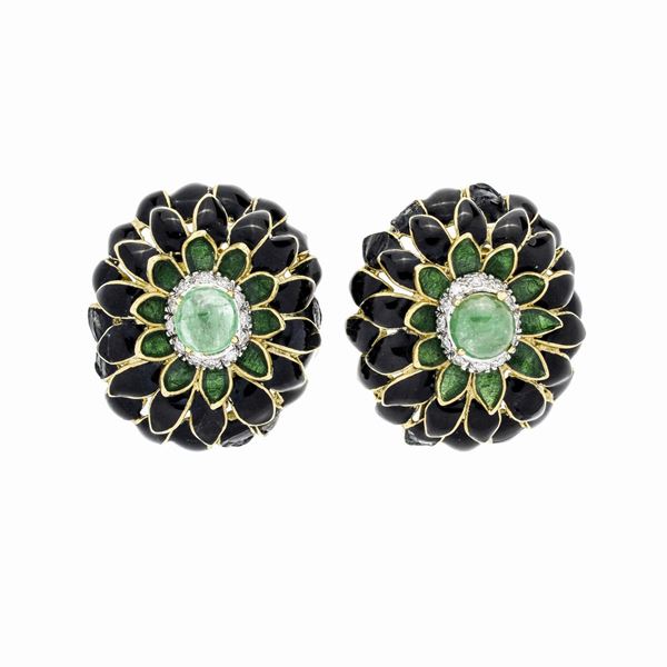 Pair of yellow gold clip-on earrings, green and black enamels, diamonds and emeralds