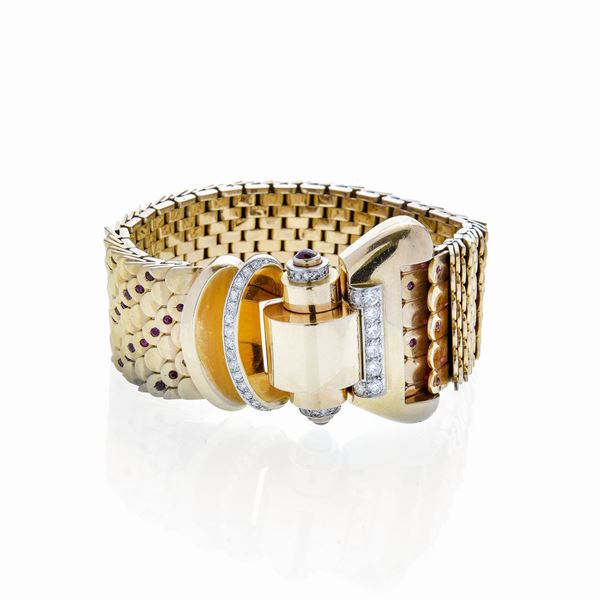 Belt bracelet in yellow gold, white gold, diamonds and red stones