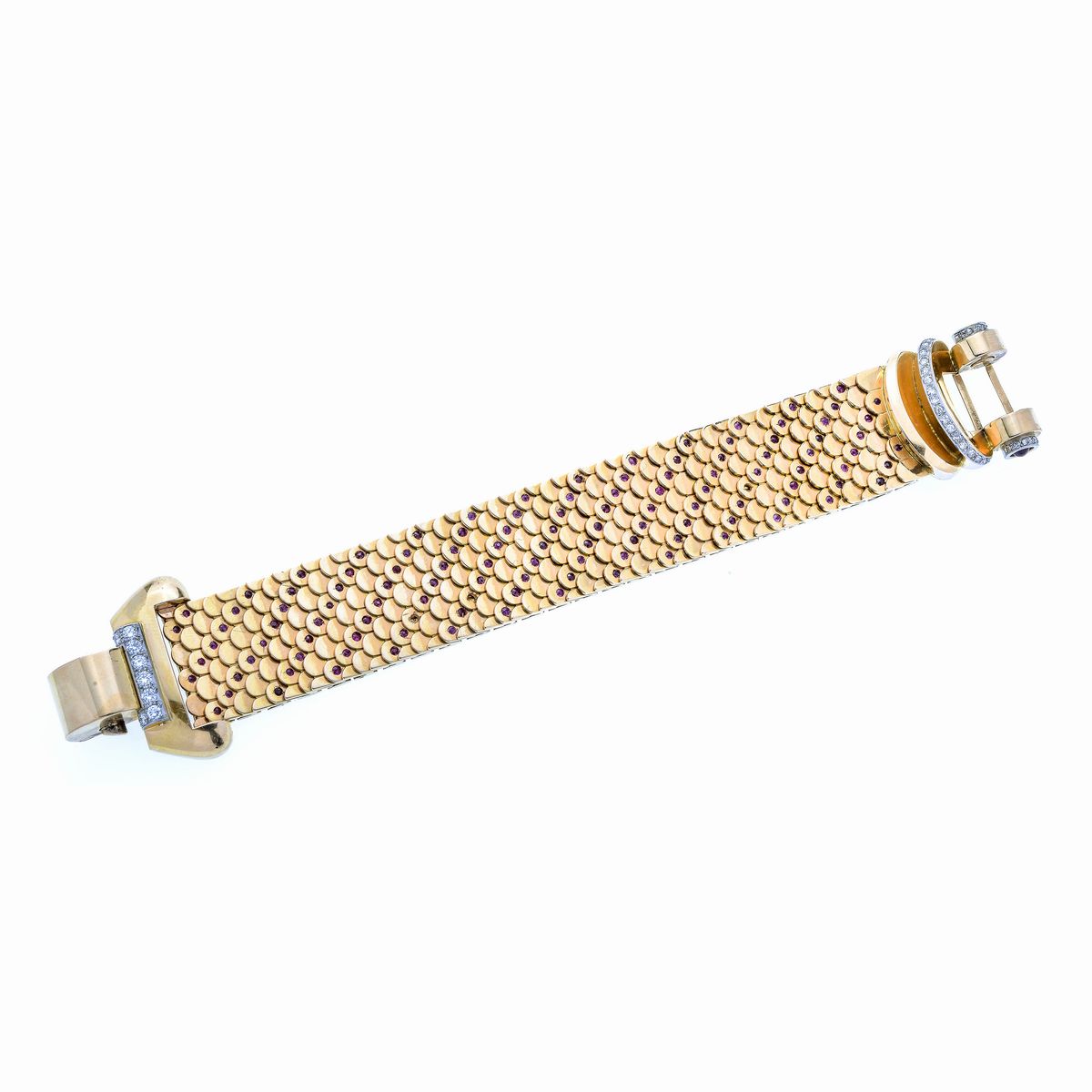 Grande Bracciale a Cintura Oro Rosa, Oro Bianco, Diamanti e Pietre Rosse