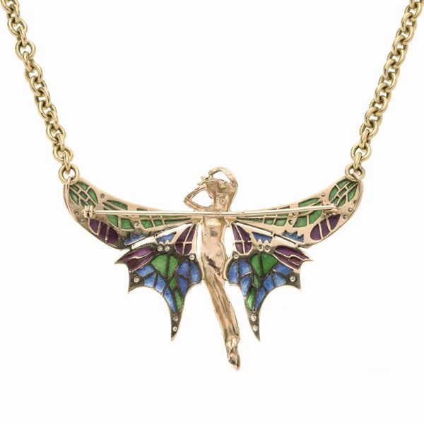 Butterfly brooch in low title gold, diamonds and enamels