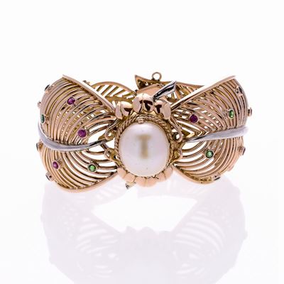Bracciale Rigido in Oro Giallo e Pietre Verdi e Rosse