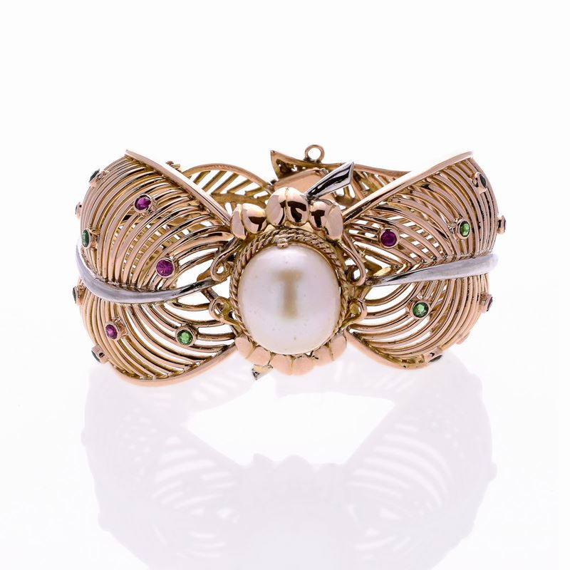 Bracciale Rigido in Oro Giallo e Pietre Verdi e Rosse