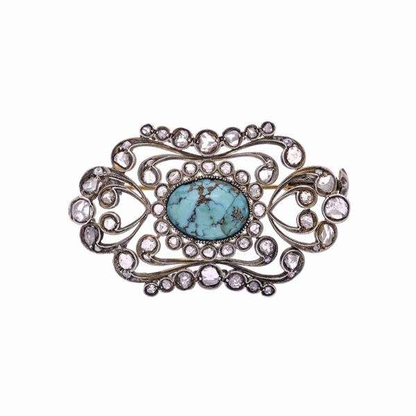 Spilla in oro bianco, argento, diamanti e turchese  - Asta Asta di Gioielli  e Orologi -  Gioielli Antichi da una Collezione Veneziana (lotti 1- 91) - Curio - Casa d'aste in Firenze