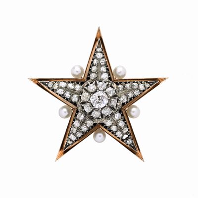Spilla Stella in Oro Giallo, Argento, Perle e Diamanti