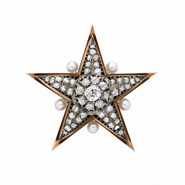 Spilla Stella in oro giallo, argento, perle e diamanti  - Asta Asta di Gioielli  e Orologi -  Gioielli Antichi da una Collezione Veneziana (lotti 1- 91) - Curio - Casa d'aste in Firenze