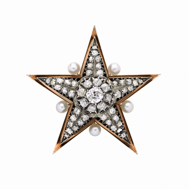 Spilla Stella in Oro Giallo, Argento, Perle e Diamanti