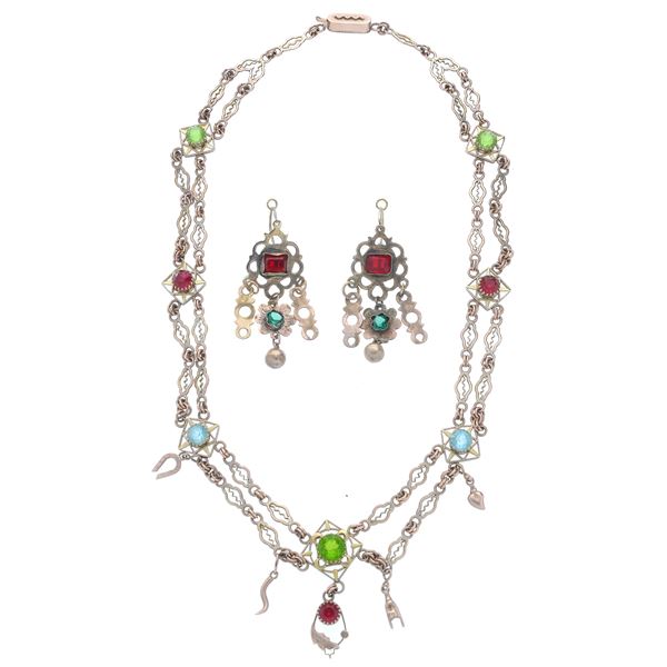 Necklace and earrings  in gold low titer and stones of various colors  - Auction Jewelery and Watch auction - Antique Jewelery from a Venetian Collection (lots 1-91) - Curio - Casa d'aste in Firenze