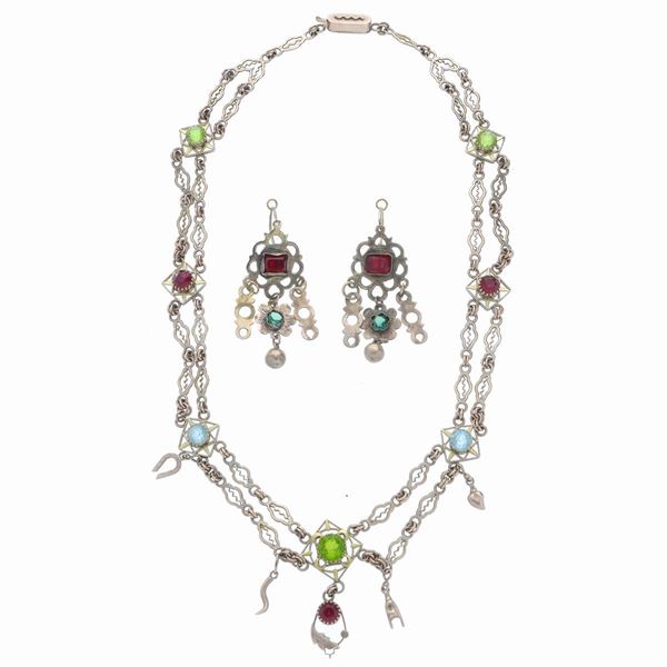 Necklace and earrings  in gold low titer and stones of various colors