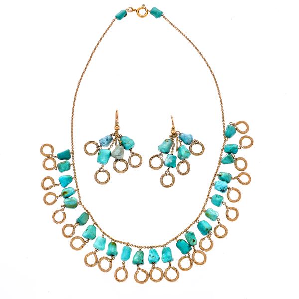 Necklace and pair of dangling earrings in yellow and turquoise gold