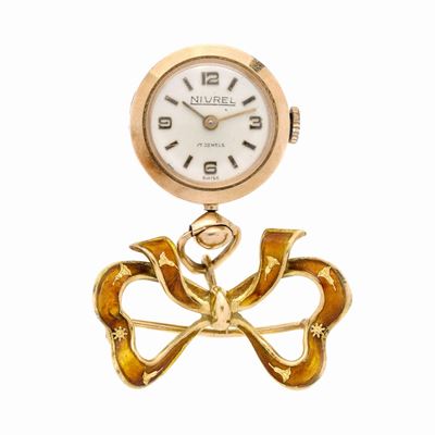 Spilla con Orologio in Oro Giallo e Smalti