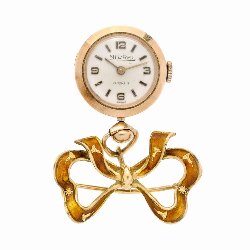 Spilla con Orologio in Oro Giallo e Smalti