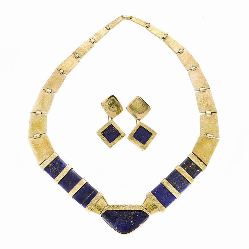 Collier e Paio di Orecchini in Oro Giallo e Lapislazzulo
