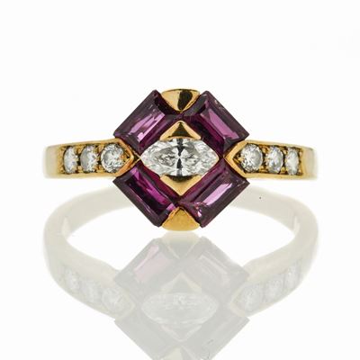 Anello in Oro Giallo, Diamanti e Rubini
