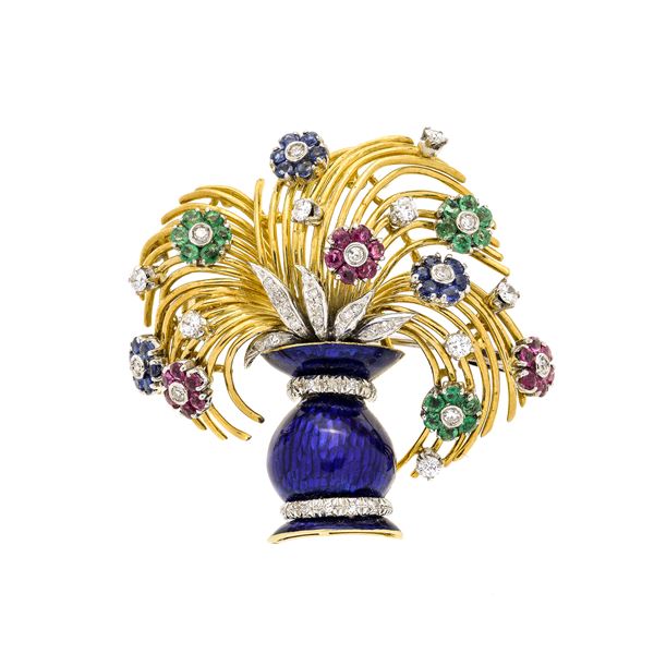 Flower vase brooch in yellow gold, white gold, blue enamel, diamonds, rubies and emeralds