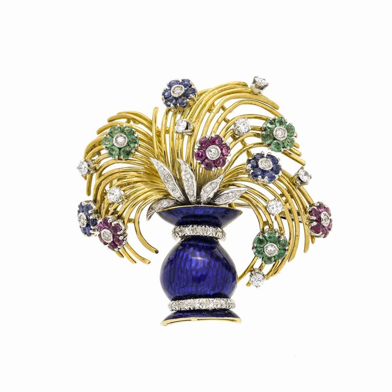 Spilla Vaso di Fiori in Oro Giallo, Oro Bianco, Smalto Blu, Diamanti, Rubini e Smeraldi