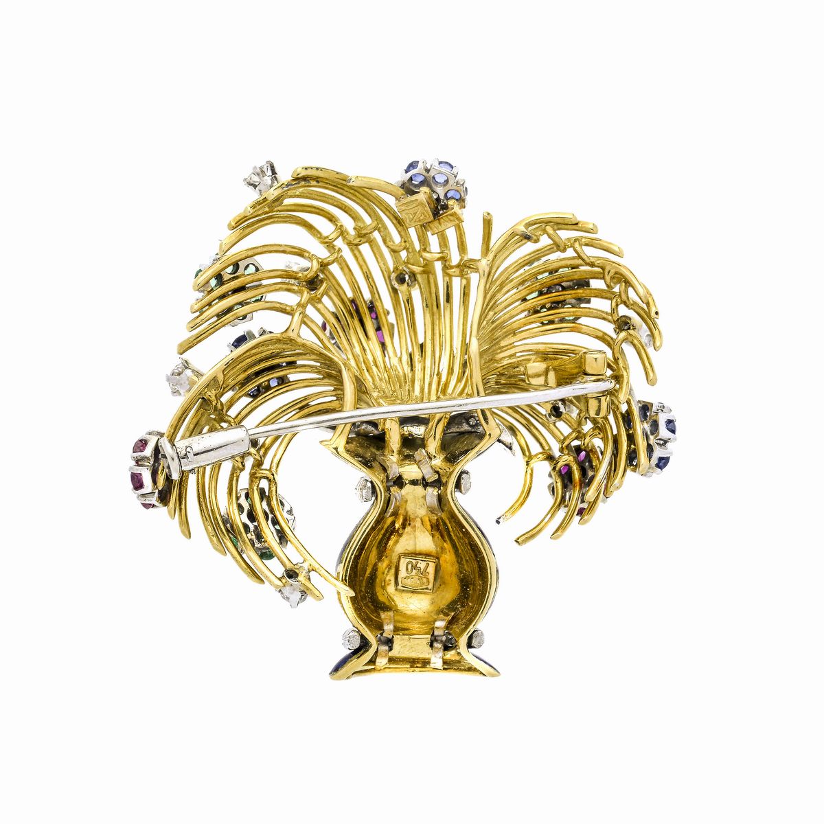 Spilla Vaso di Fiori in Oro Giallo, Oro Bianco, Smalto Blu, Diamanti, Rubini e Smeraldi