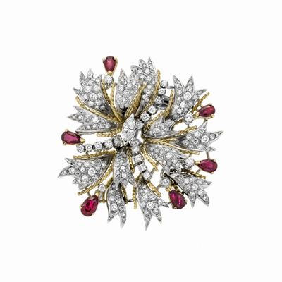 Clip Fiore in Oro Giallo, Oro Bianco, Diamanti e Rubini