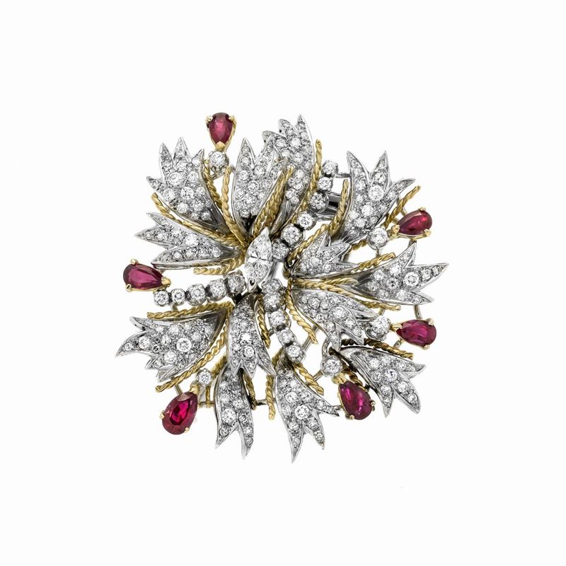 Clip Fiore in Oro Giallo, Oro Bianco, Diamanti e Rubini