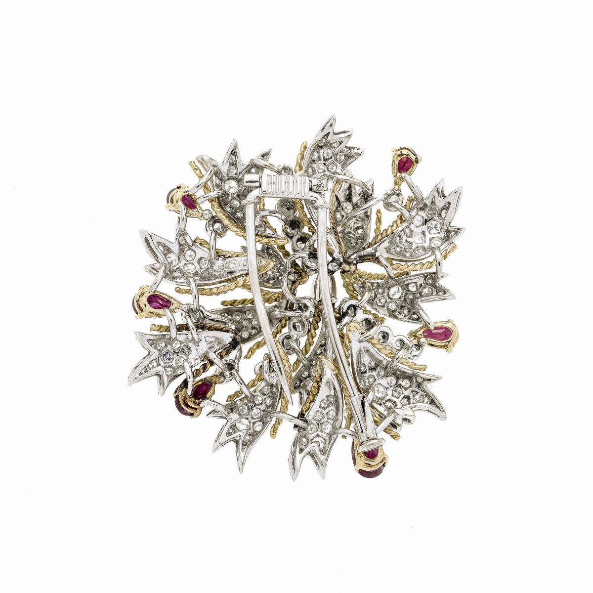 Clip Fiore in Oro Giallo, Oro Bianco, Diamanti e Rubini