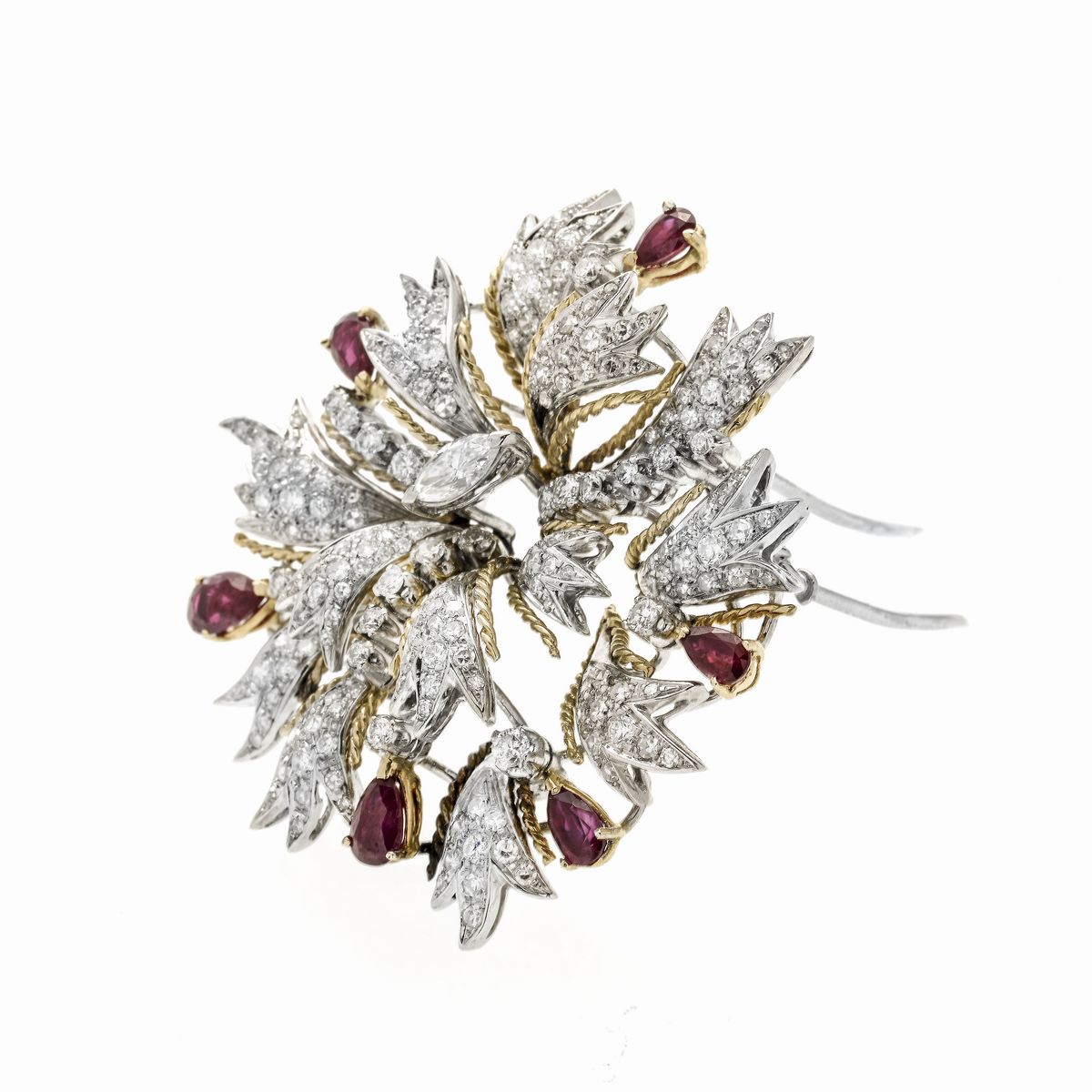 Clip Fiore in Oro Giallo, Oro Bianco, Diamanti e Rubini