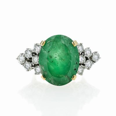 Anello in Oro Giallo, Oro Bianco, Diamanti e Radice di Smeraldo