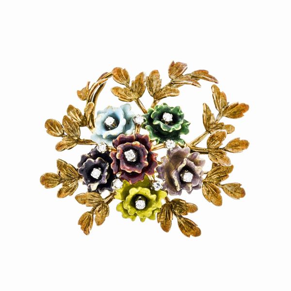 Flowers brooch in yellow gold, colored enamels and diamonds
