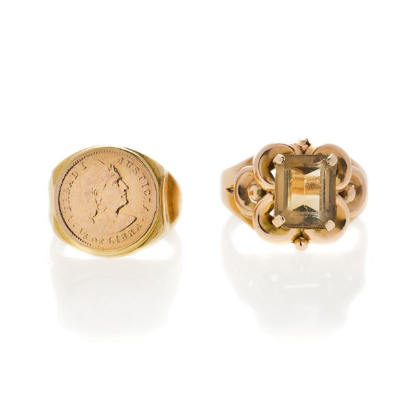 Lot of two rings in yellow gold and yellow quartz