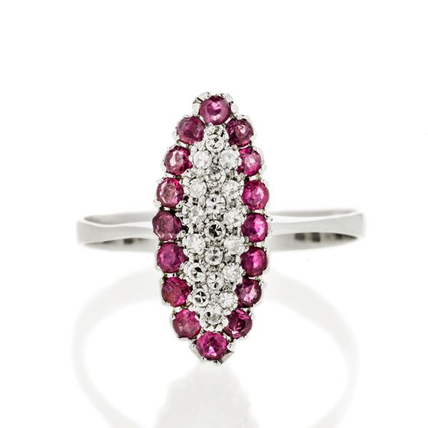 Lozenge ring in white gold, diamonds and rubies
