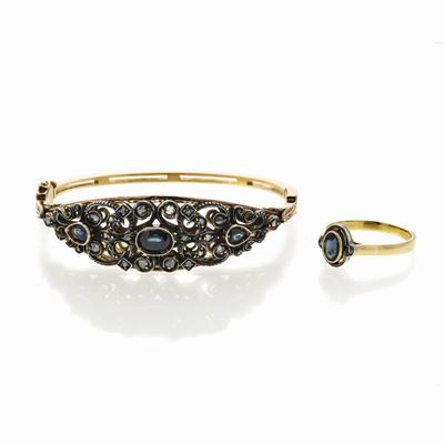 Lotto con Bracciale Rigido e Anello in Oro Giallo, Argento, Diamanti e Zaffiri