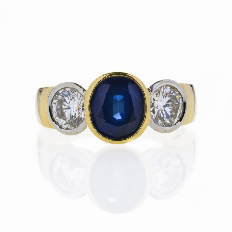 Anello in Oro Giallo, Diamanti e Zaffiro