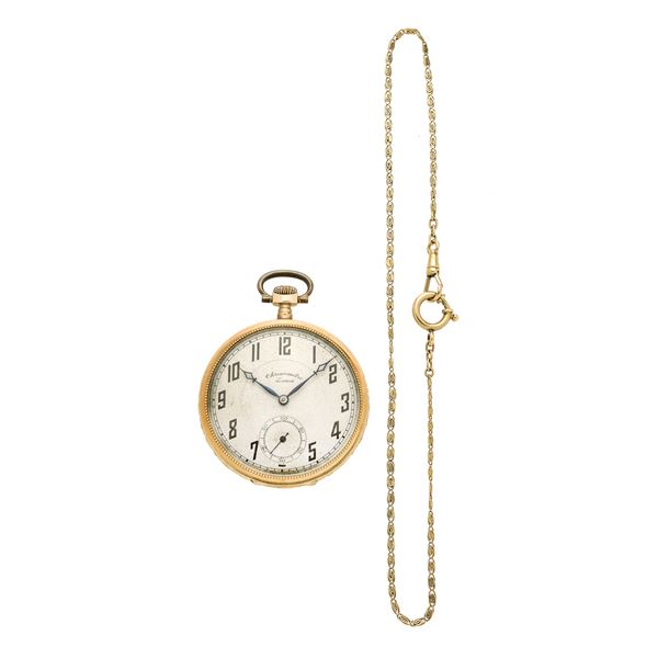Orologio cronografo da tasca in oro giallo con catena