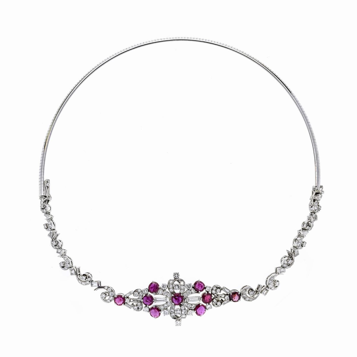 Bracciale Collier in Oro Bianco, Diamanti e Rubini