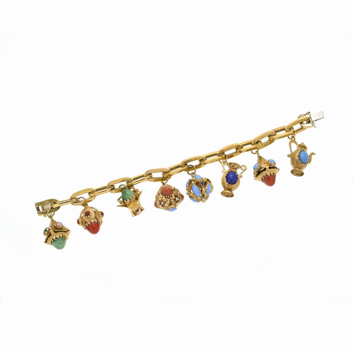 Bracciale in Oro Giallo, Corallo, Turchese e Lapislazzulo