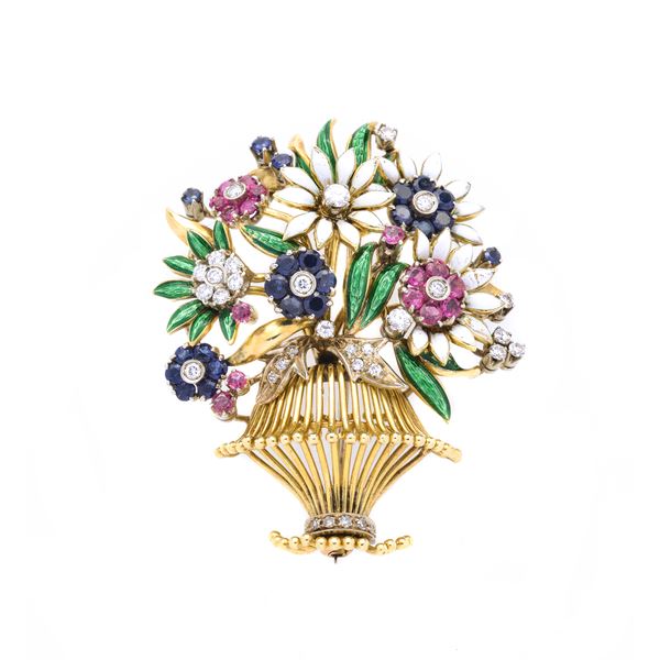Brooch Basket of flowers in yellow gold, diamonds, emeralds, rubies, sapphires and enamels in shades  - Auction Auction of Antique Jewelry, Modern and Watches - Curio - Casa d'aste in Firenze