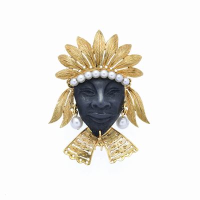 Spilla Volto Africano in Oro Giallo, Perle Coltivate e Onice