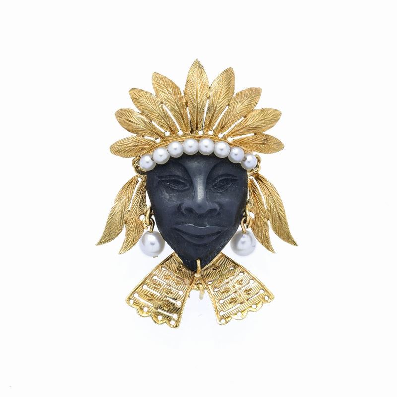 Spilla Volto Africano in Oro Giallo, Perle Coltivate e Onice