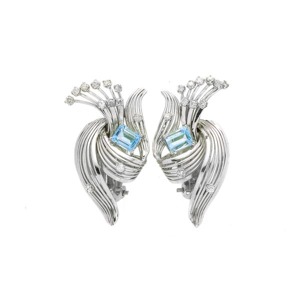 Pair of white gold, diamond and aquamarine earrings