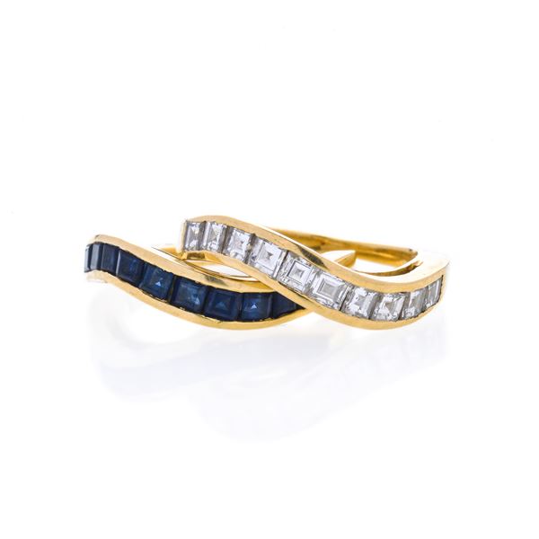 Two band rings in yellow gold, diamonds and sapphires