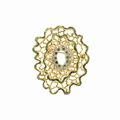 Spilla in Oro Giallo, Smalto Verde e Smeraldi
