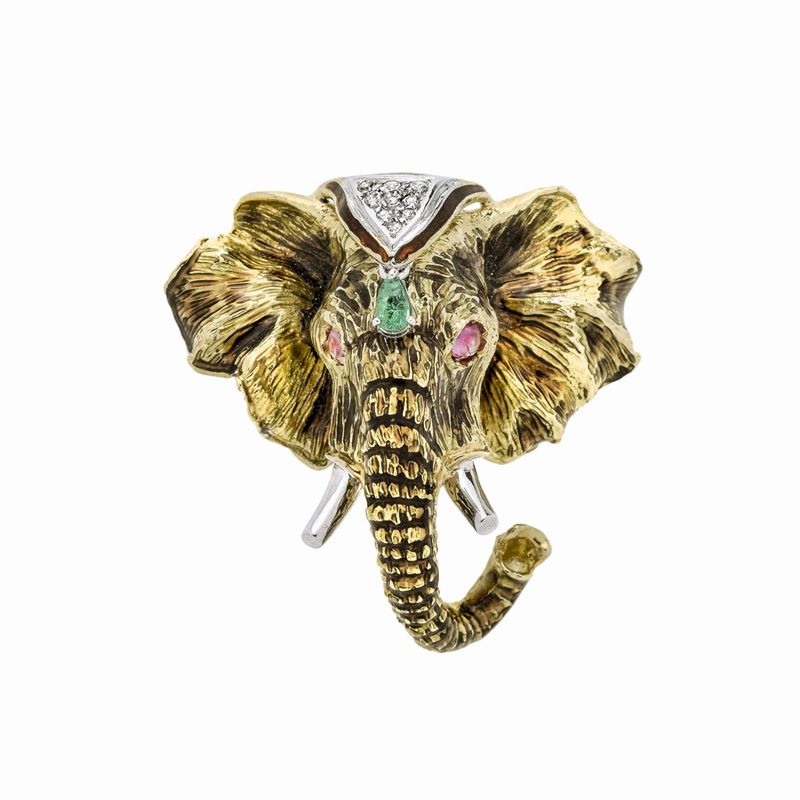 Spilla Elefante in Oro Giallo, Oro Bianco, Smalto Marrone, Diamanti, Rubini e Smeraldo Unoaerre
