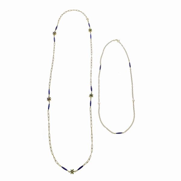 Necklace in yellow gold, blue enamel and another similar with cultivated pearls