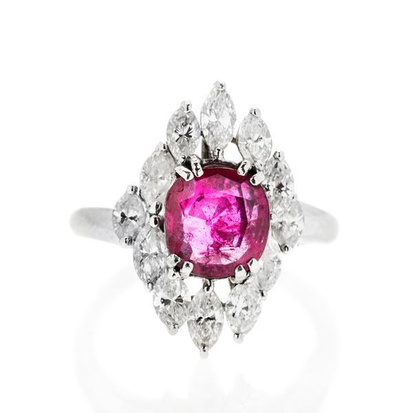 Ring in white gold, diamonds and ruby