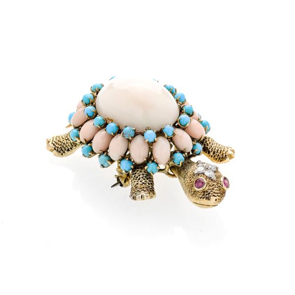 Turtle brooch in 14 kt gold, coral and turquoise