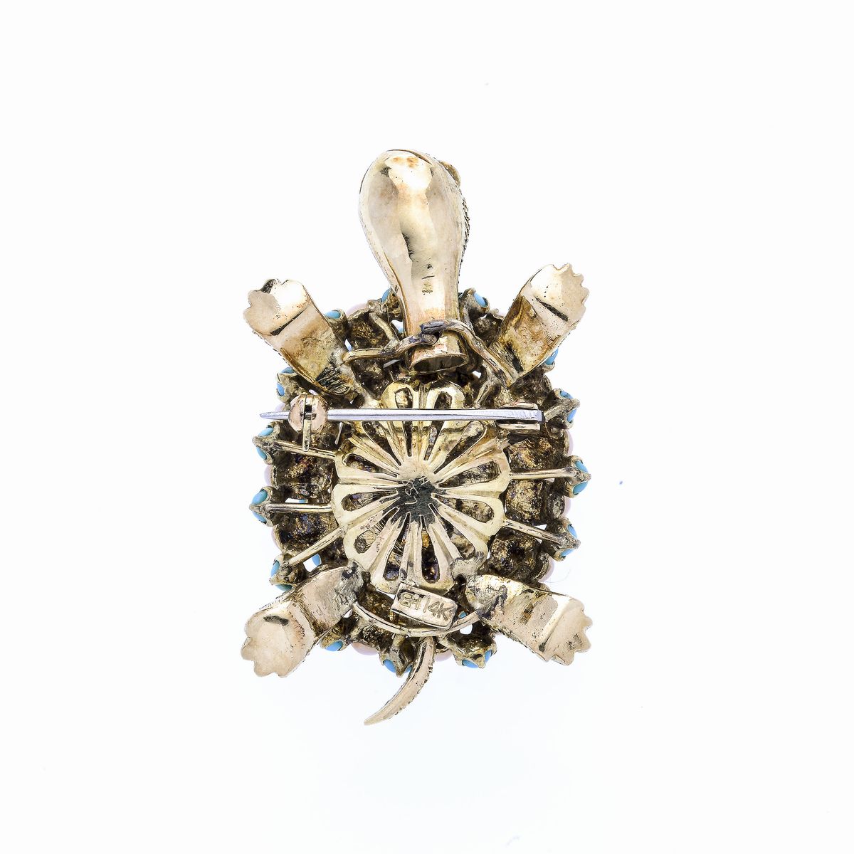 Spilla Tartaruga in Oro 14 Kt, Corallo e Turchesi