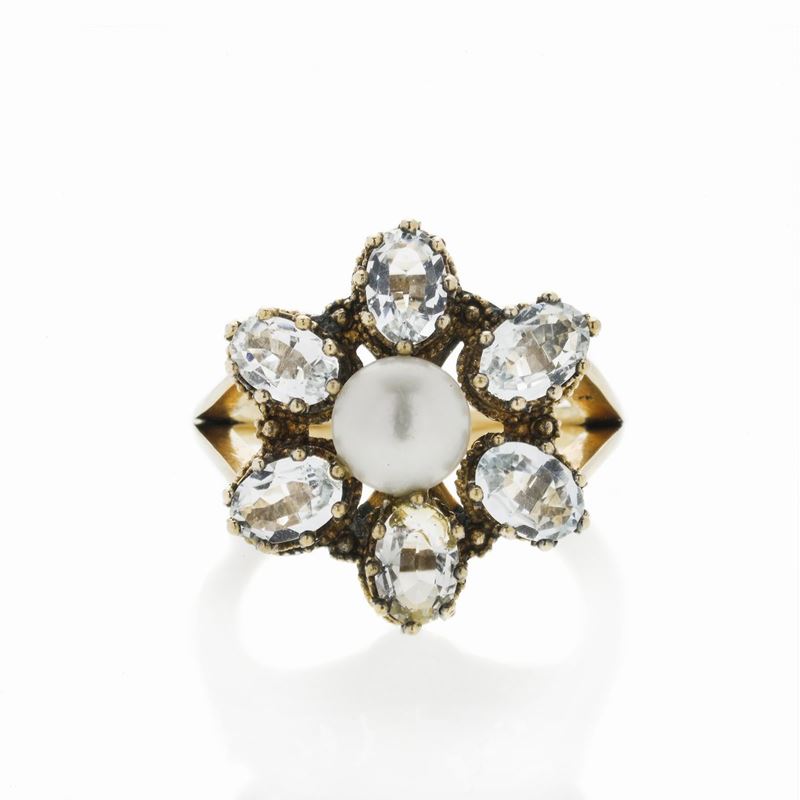 Anello a Margherita in Oro Giallo, Acquamarina, Topazio e Perla Mabè