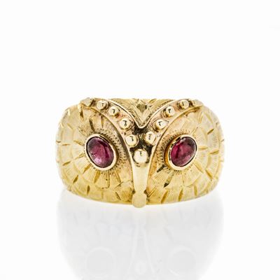 Anello Gufo in Oro Giallo e Rubini
