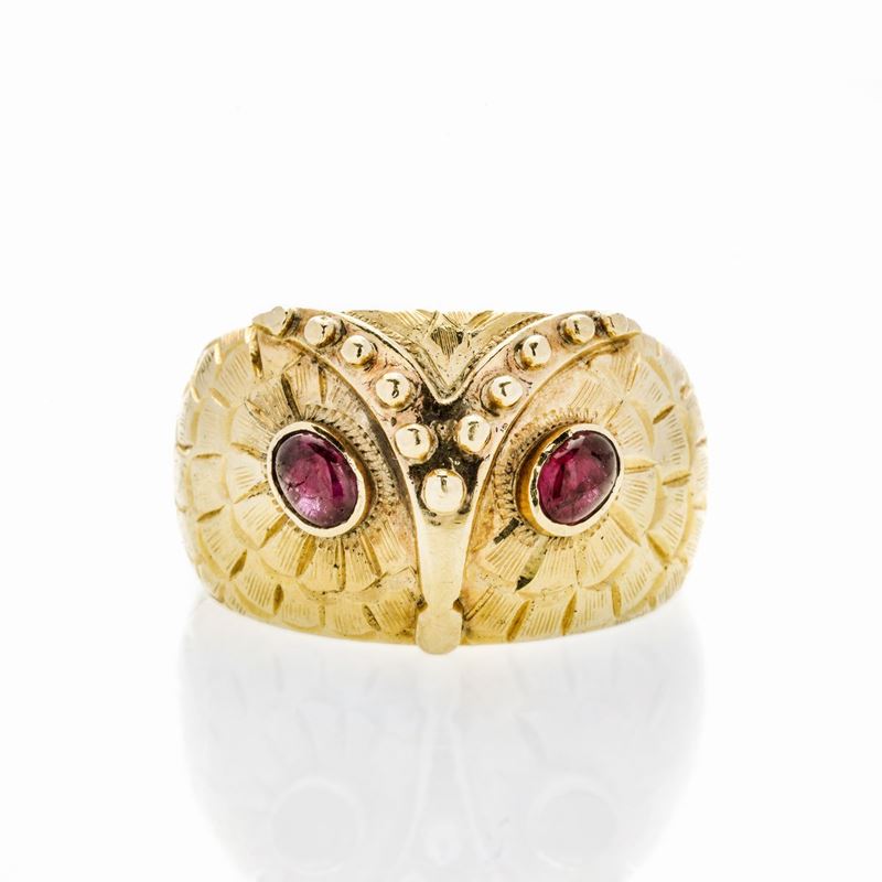 Anello Gufo in Oro Giallo e Rubini