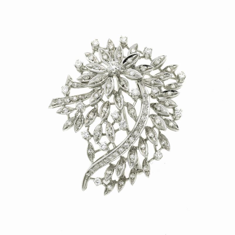 Spilla Floreale in Oro Bianco e Diamanti