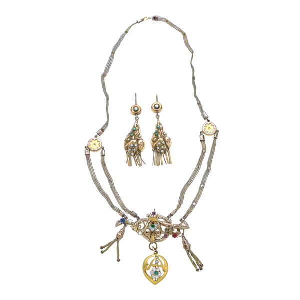 Low title gold necklace with colored stones and a pair of similar earrings  - Auction Auction of Antique Jewelry, Modern and Watches - Curio - Casa d'aste in Firenze